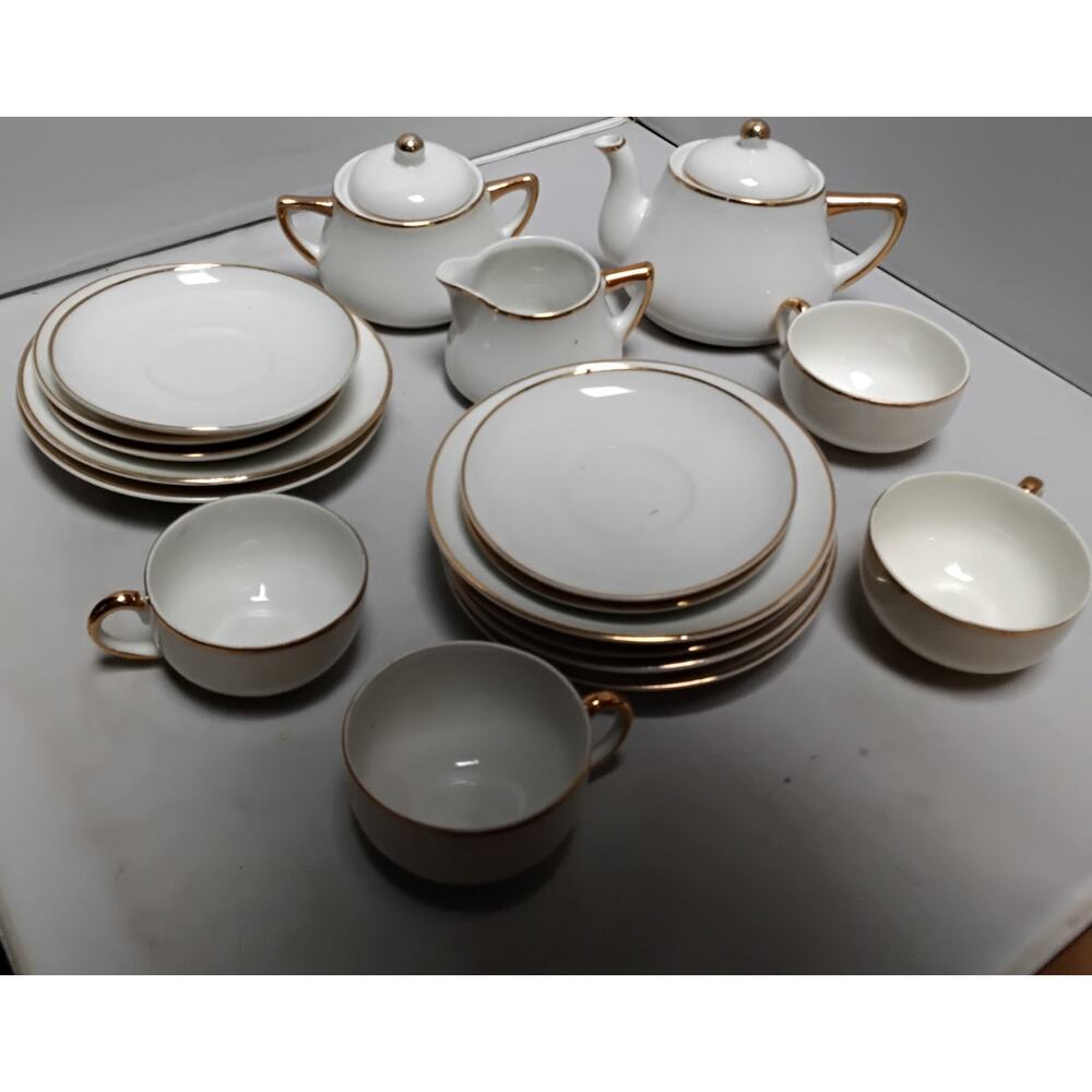 Vintage Children's Teapot set 29 pieces by Meito China Co White with Gold